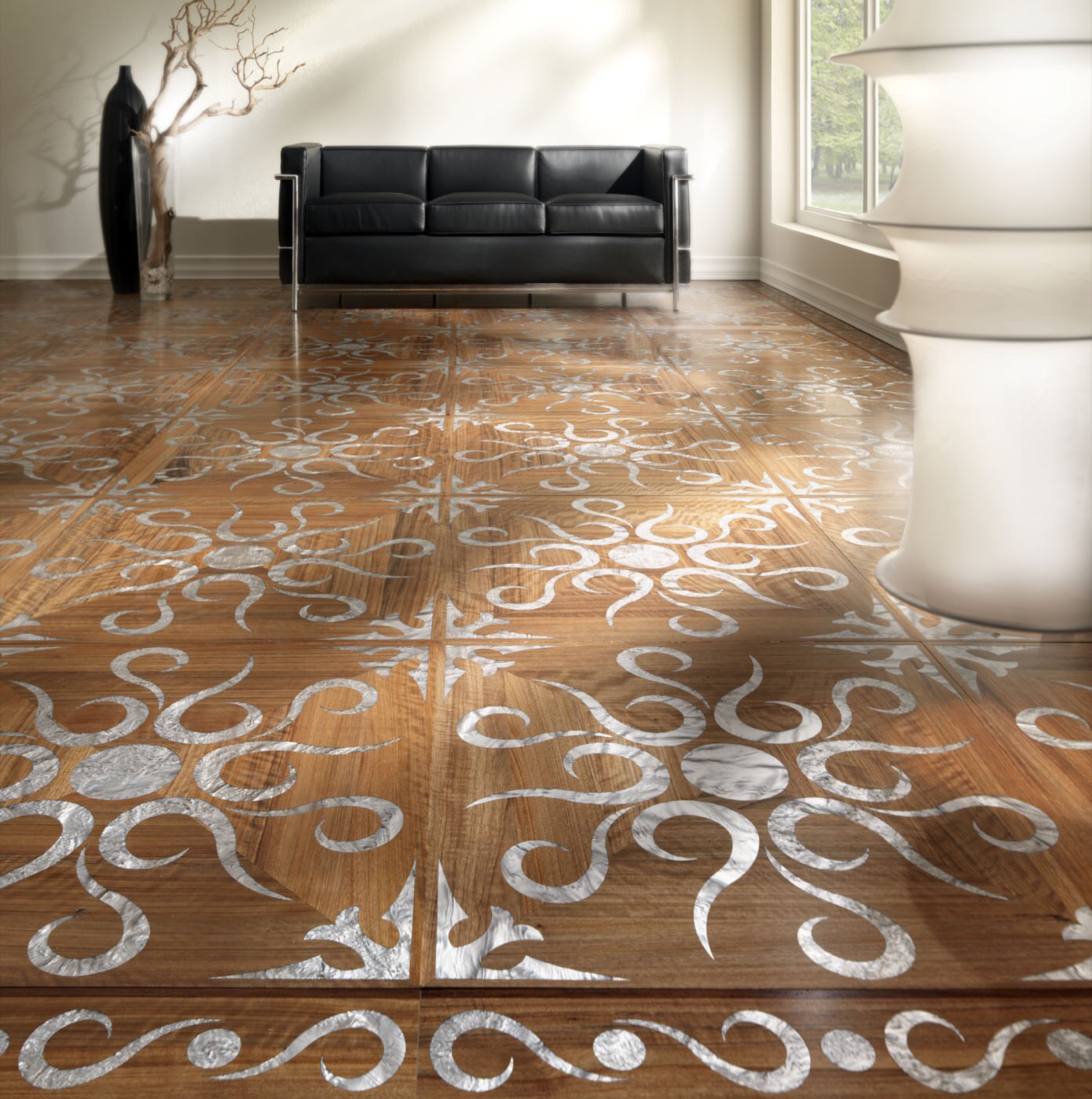 Pavimento multimaterico con intarsi decorativi